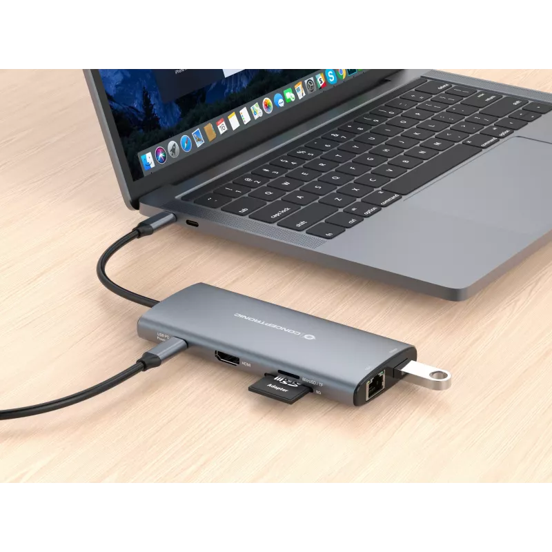 Conceptronic DONN06G 10-in-1 USB 3.2 Gen 1 -telakointiasema, HDMI, 100 W USB PD, USB-C 5 Gbit/s x 2, USB-A 5 Gbit/s x 3, SD, TF/MicroSD, GbE