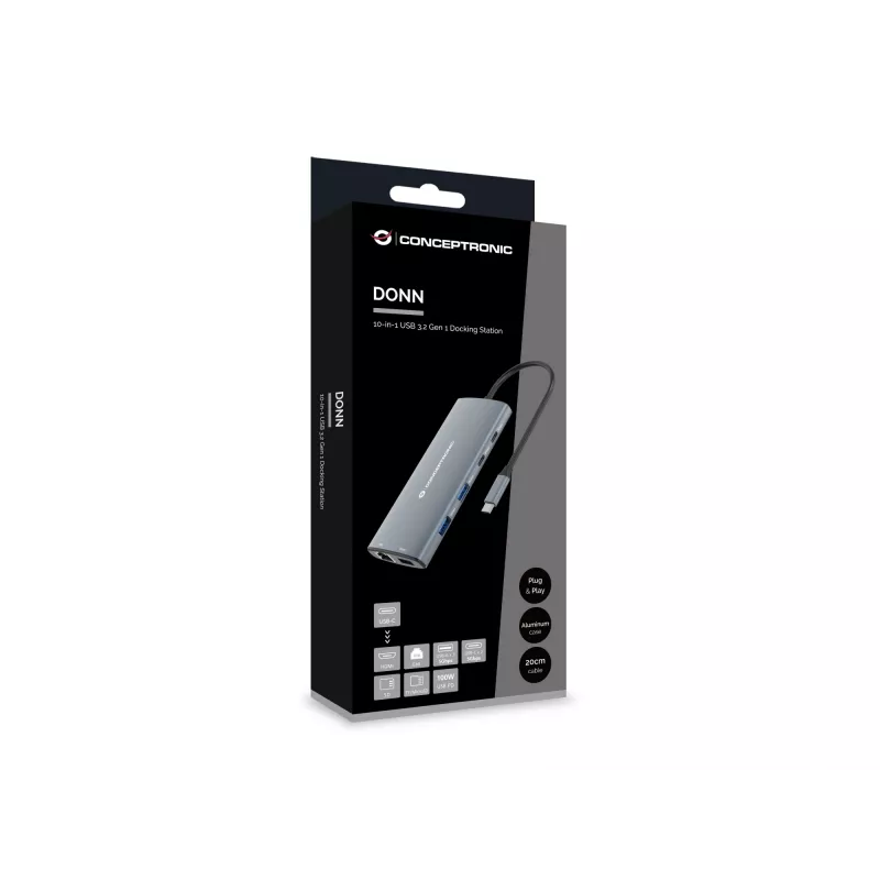 Conceptronic DONN06G 10-in-1 USB 3.2 Gen 1 -telakointiasema, HDMI, 100 W USB PD, USB-C 5 Gbit/s x 2, USB-A 5 Gbit/s x 3, SD, TF/MicroSD, GbE