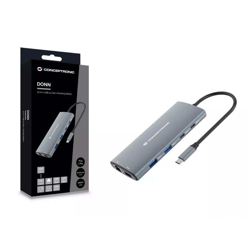 Conceptronic DONN06G 10-in-1 USB 3.2 Gen 1 -telakointiasema, HDMI, 100 W USB PD, USB-C 5 Gbit/s x 2, USB-A 5 Gbit/s x 3, SD, TF/MicroSD, GbE