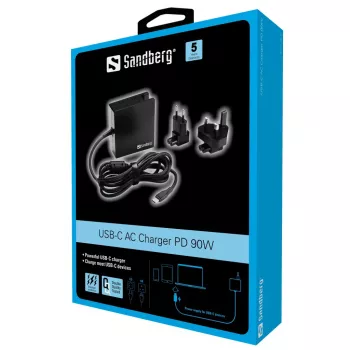 Sandberg USB-C PD AC-laturi 90W EU+UK, sisäkäyttö, AC, 20,2 V, 4,5 A, 1,8 m, musta