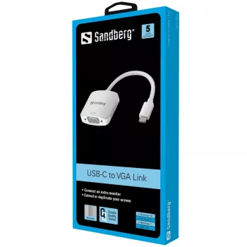 Sandberg USB-C–VGA-linkki, USB Type-C, VGA (D-Sub), uros, naaras, 1920 x 1080 (HD 1080), 2048 x 1152, 1080p