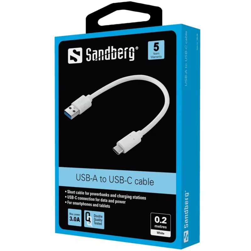 Sandberg USB-C 3.1 > USB-A 3.0 0,2 m, 0,2 m, USB-C, USB-A, USB 3.2 Gen 1 (3.1 Gen 1), valkoinen