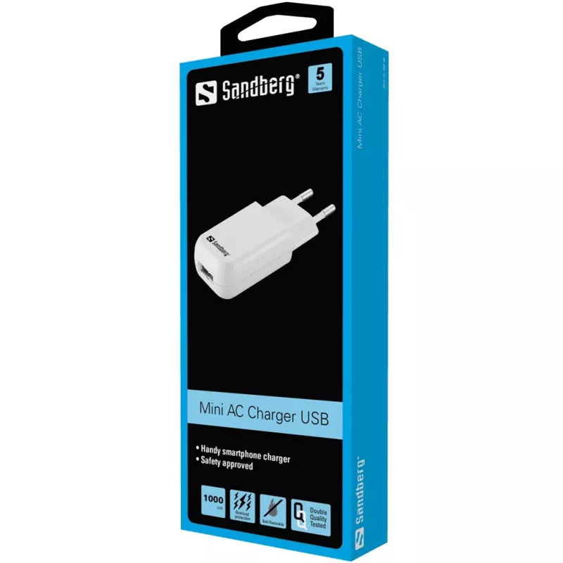 Sandberg Mini AC -laturi USB 1A EU, sisäkäyttö, AC, 5 V, musta, valkoinen