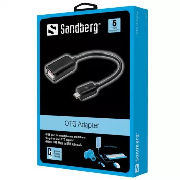 Sandberg OTG-sovitin MicroUSB uros - USB naaras, Micro-USB B, USB-A, USB 2.0, uros/naaras, 0,48 Gbit/s, musta