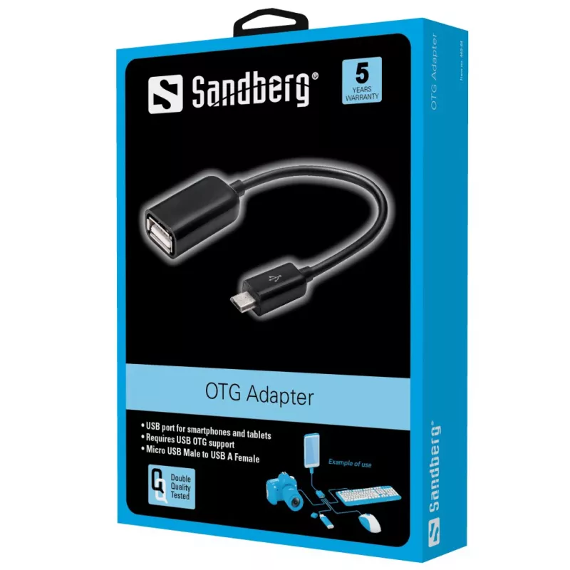 Sandberg OTG-sovitin MicroUSB uros - USB naaras, Micro-USB B, USB-A, USB 2.0, uros/naaras, 0,48 Gbit/s, musta