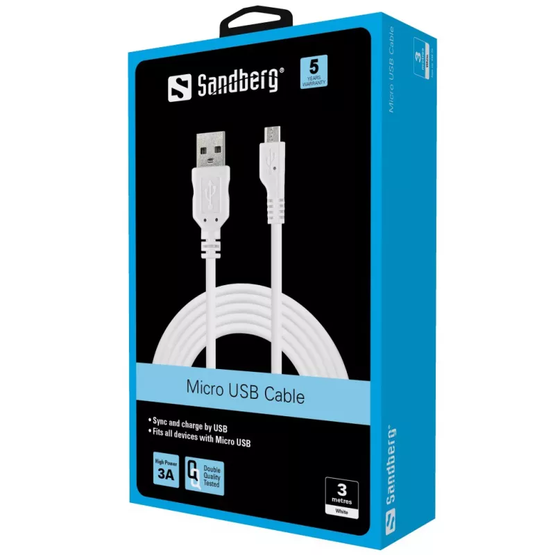 Sandberg MicroUSB synkronointi-/latauskaapeli 3 m, 3 m, USB-A, Micro-USB B, USB 2.0, uros/uros, valkoinen