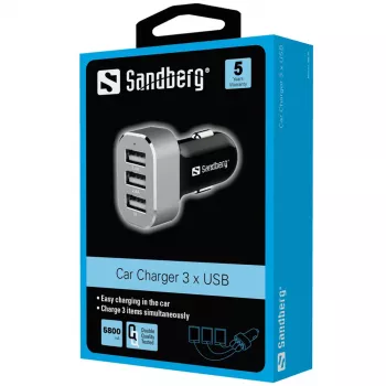Sandberg Multi Car Charger 3xUSB, auto, savukkeensytytin, USB, 5 V, musta, hopea
