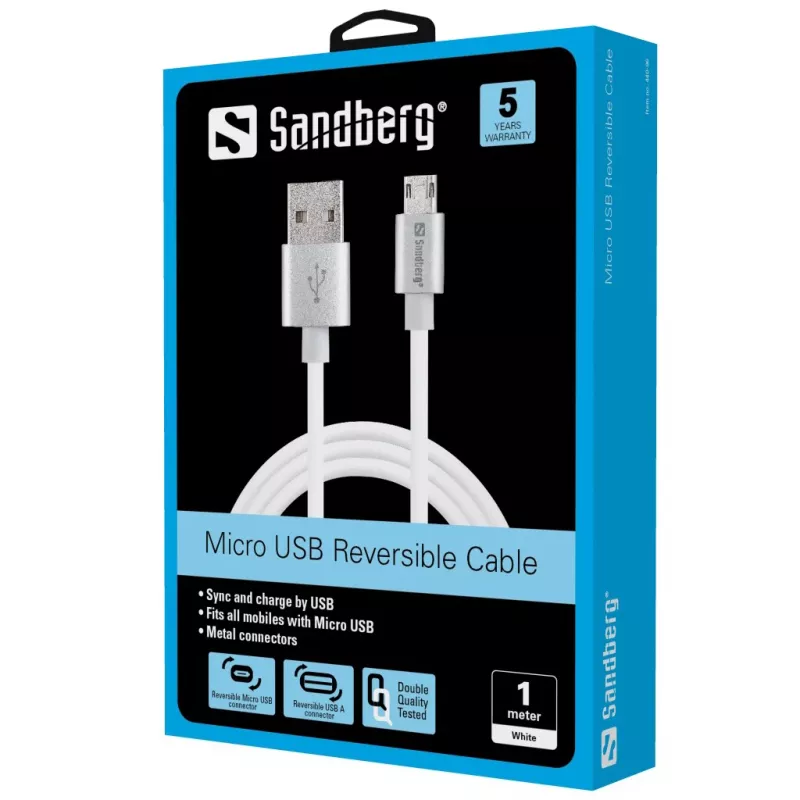 Sandberg MicroUSB käännettävä kaapeli 1 m, 1 m, USB-A, Micro-USB A, hopea, valkoinen