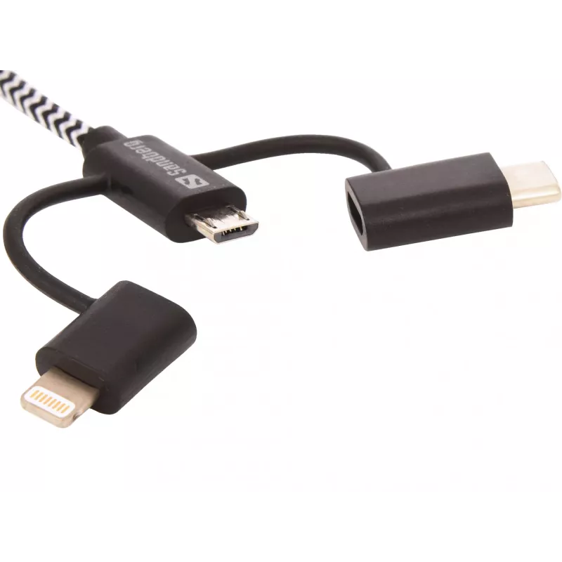 Sandberg 3in1 Lightning+MicroUSB+USB-C 1 m, 1 m, Micro-USB A, USB-A, uros/uros, musta, harmaa