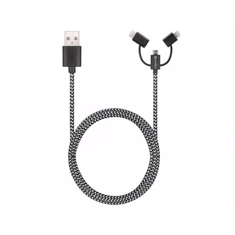 Sandberg 3in1 Lightning+MicroUSB+USB-C 1 m, 1 m, Micro-USB A, USB-A, uros/uros, musta, harmaa