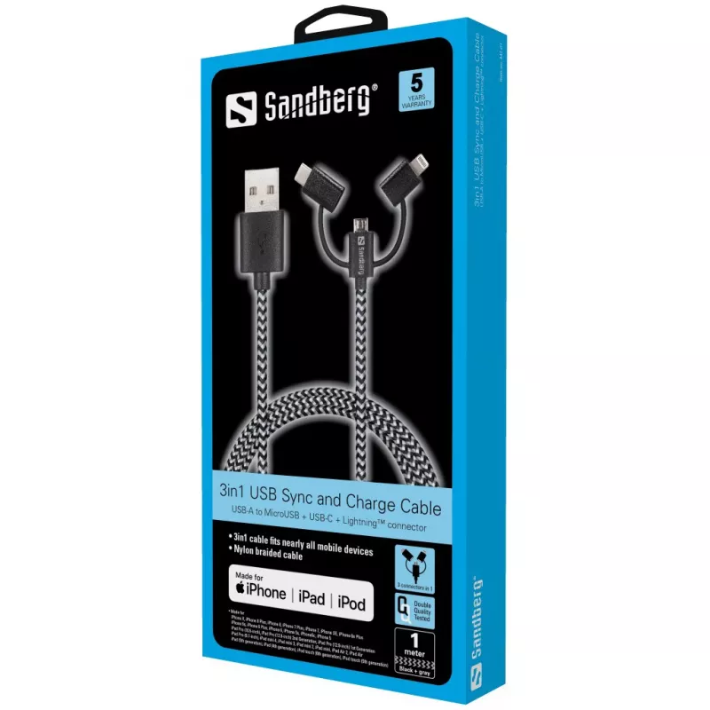 Sandberg 3in1 Lightning+MicroUSB+USB-C 1 m, 1 m, Micro-USB A, USB-A, uros/uros, musta, harmaa