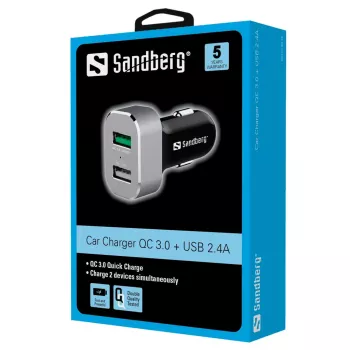 Sandberg autolaturi 1xQC 3.0+1xUSB2.4A, auto, savukkeensytytin, 12 V, alumiini, musta