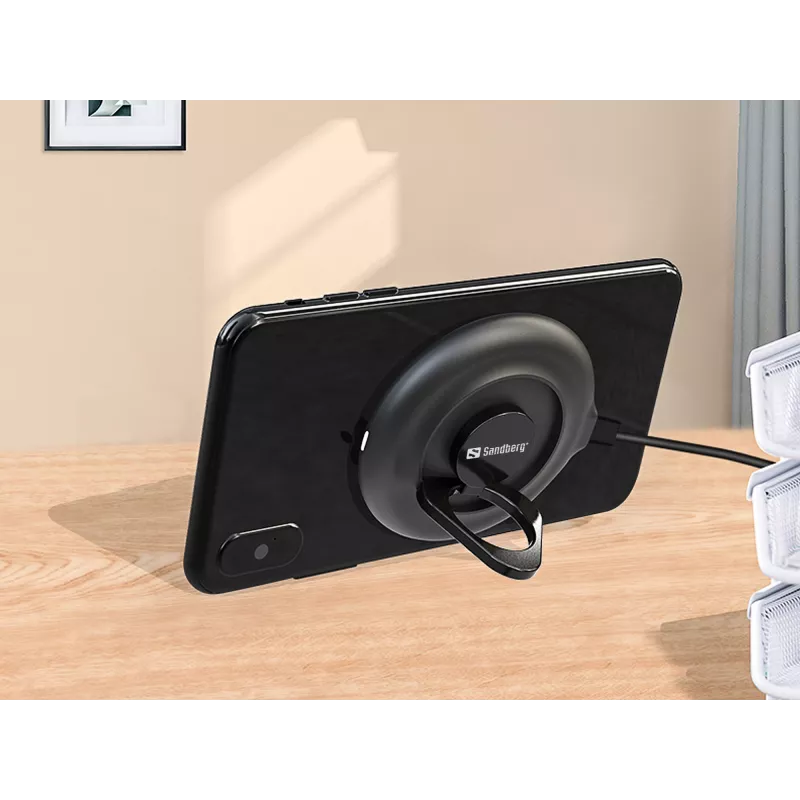 Sandberg Wireless Charger Suction Ring, sisäkäyttö, ulkokäyttö, USB, langaton lataus, PowerIQ, musta