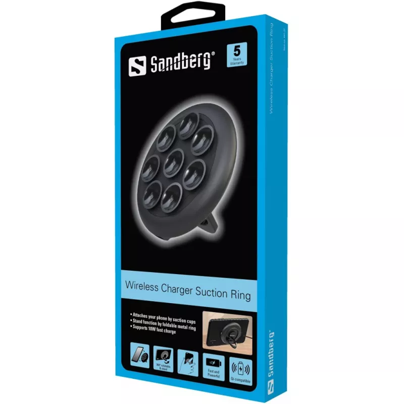 Sandberg Wireless Charger Suction Ring, sisäkäyttö, ulkokäyttö, USB, langaton lataus, PowerIQ, musta