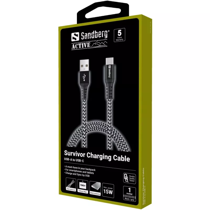 Sandberg Survivor USB-C–USB-A-kaapeli 1 m, 1 m, USB-A, USB-C, USB 2.0, musta, harmaa