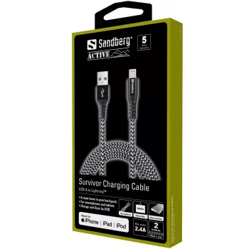 Sandberg Survivor Lightning -kaapeli 2 m, 2 m, Lightning, USB-A, uros, uros, musta, harmaa