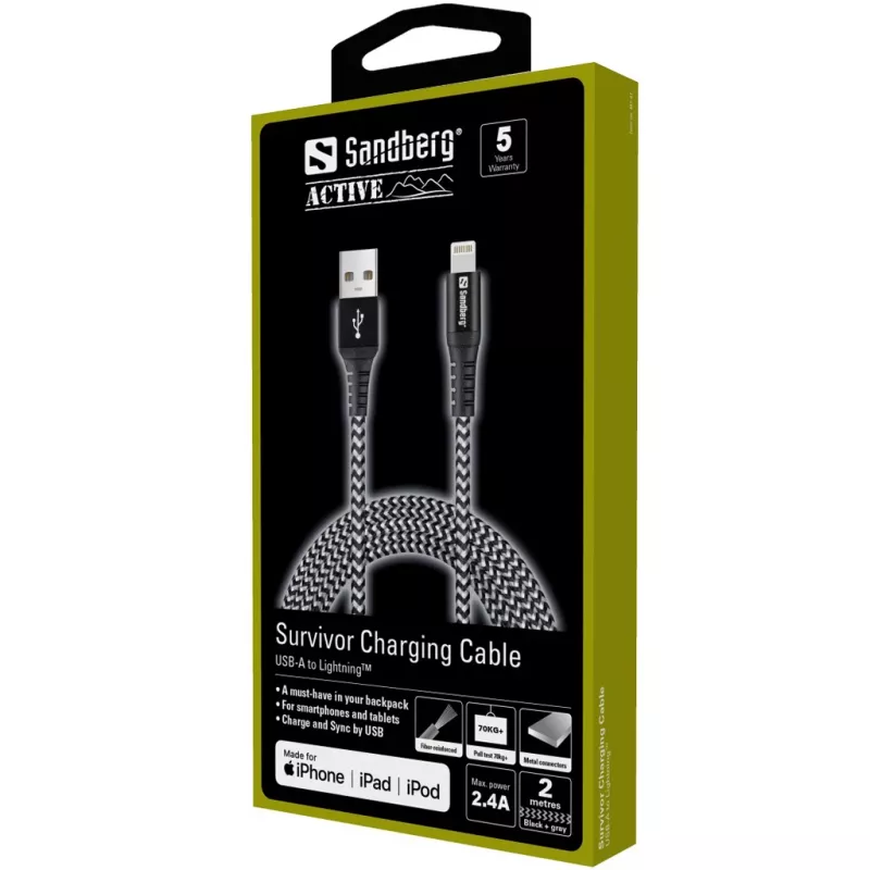 Sandberg Survivor Lightning -kaapeli 2 m, 2 m, Lightning, USB-A, uros, uros, musta, harmaa