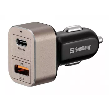 Sandberg autolaturi 1xQC3.0+1xUSBC 24W, auto, savukkeensytytin, 12 V, musta, harmaa