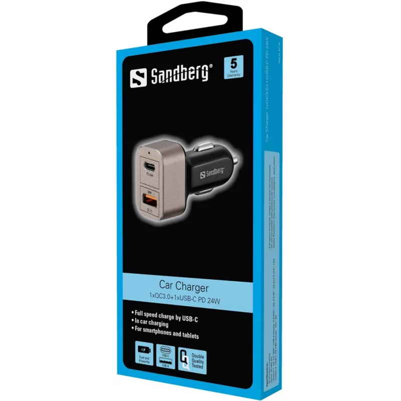 Sandberg autolaturi 1xQC3.0+1xUSBC 24W, auto, savukkeensytytin, 12 V, musta, harmaa