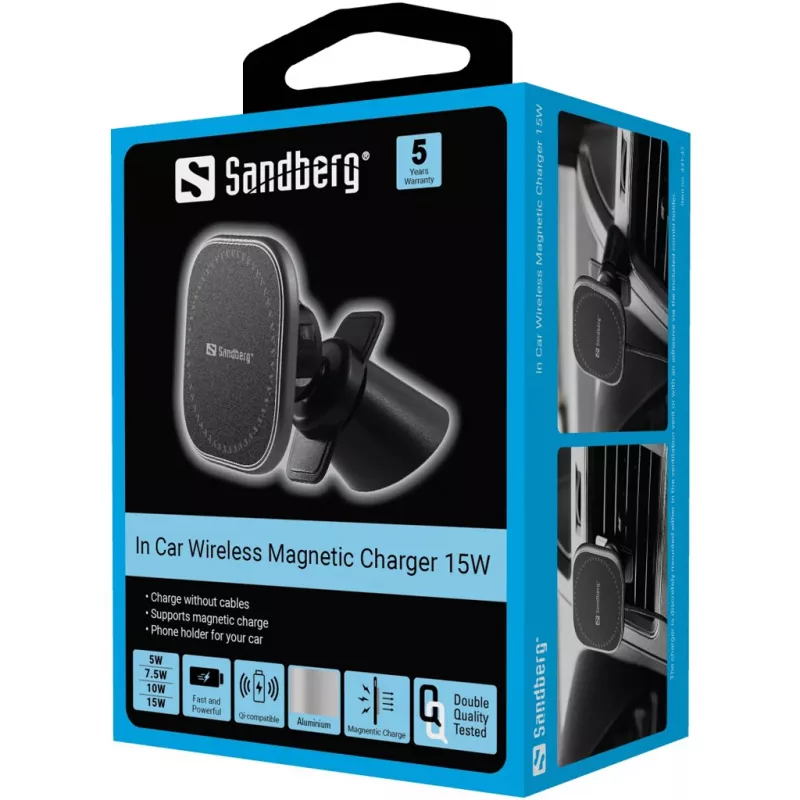 Sandberg In Car Wireless Magnetic Charger 15W, auto, USB, langaton lataus, 1,2 m, musta