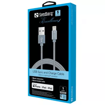 Sandberg Excellence Lightning harmaa 1 m, 1 m, Lightning, USB-A, harmaa, suora, suora