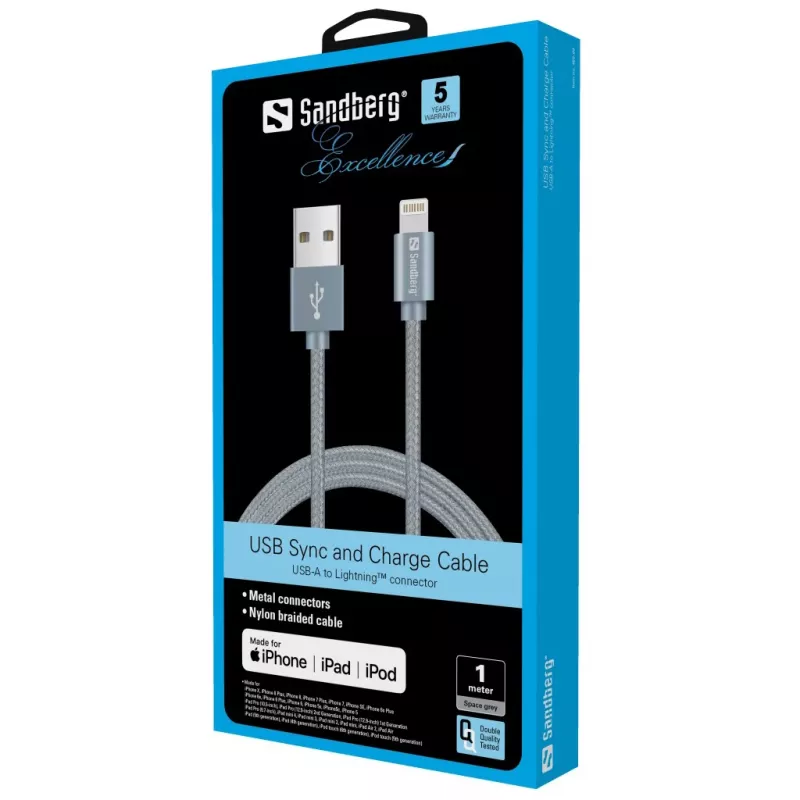 Sandberg Excellence Lightning harmaa 1 m, 1 m, Lightning, USB-A, harmaa, suora, suora