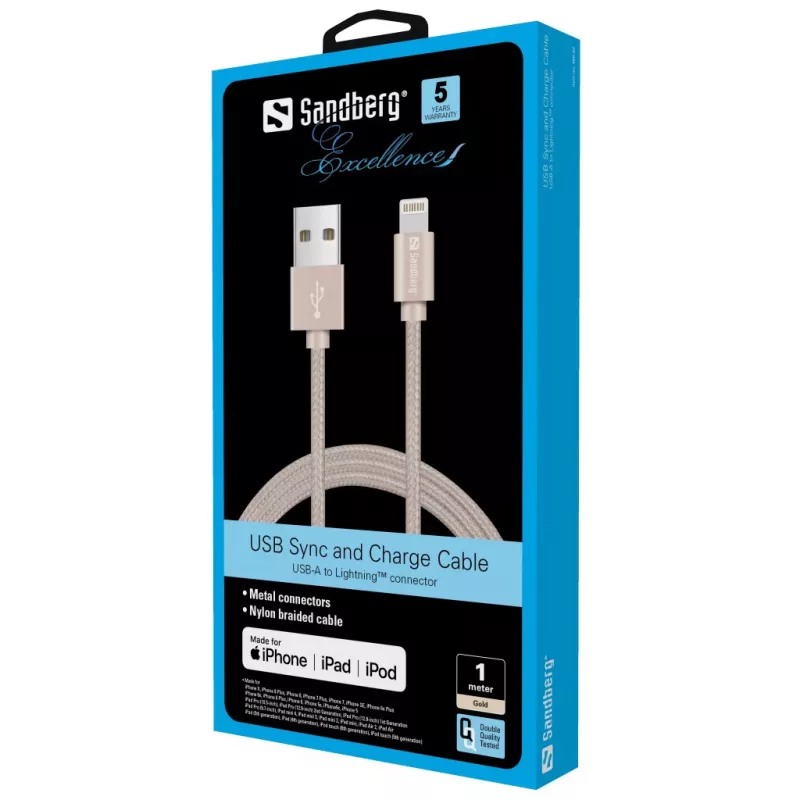 Sandberg Excellence Lightning kulta 1 m, 1 m, Lightning, USB-A, kulta, suora, suora