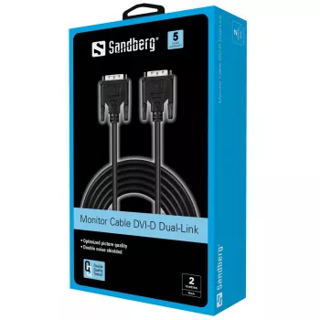 Sandberg näyttökaapeli DVI-DVI 2 m, 2 m, musta, uros/uros, 145 mm, 35 mm, 205 mm
