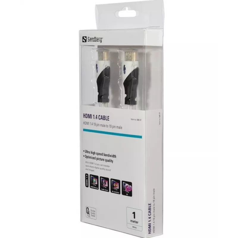 Sandberg HDMI 1.4 19M-19M, 1 m, 1 m, HDMI Type-A (standardi), HDMI Type-A (standardi), musta, valkoinen