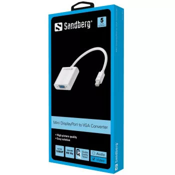 Sandberg sovitin Mini DisplayPort>VGA, Mini DisplayPort, VGA (D-Sub), uros, naaras, 1920 x 1080 pikseliä, 1920 x 1080 (HD 1080)