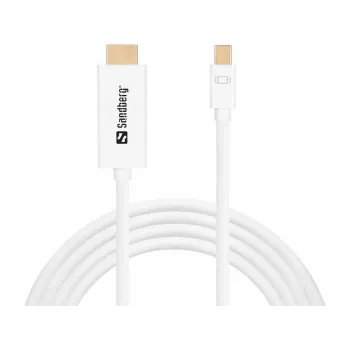 Sandberg kaapeli MiniDP > HDMI 1,5 m, 1,5 m, Mini DisplayPort, HDMI, uros, uros, valkoinen
