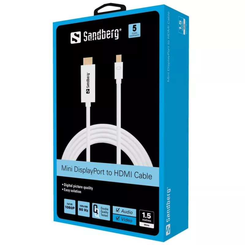 Sandberg kaapeli MiniDP > HDMI 1,5 m, 1,5 m, Mini DisplayPort, HDMI, uros, uros, valkoinen