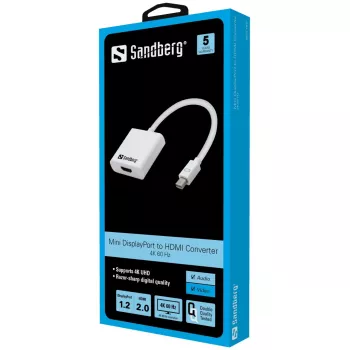 Sandberg sovitin MiniDP1.2>HDMI2.0 4K60, Mini DisplayPort, HDMI, uros, naaras, 3840 x 2160 pikseliä, 6 Gbit/s