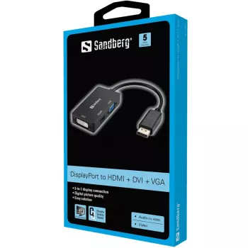 Sandberg sovitin DP>HDMI+DVI+VGA, 0,19 m, DisplayPort, VGA (D-Sub)+ HDMI + DVI, uros, naaras, 3840 x 2160 pikseliä