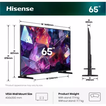Hisense 65E7S PRO TV 165,1 cm (65 tuumaa) UHD+ Smart-TV WLAN musta 350 cd/m²