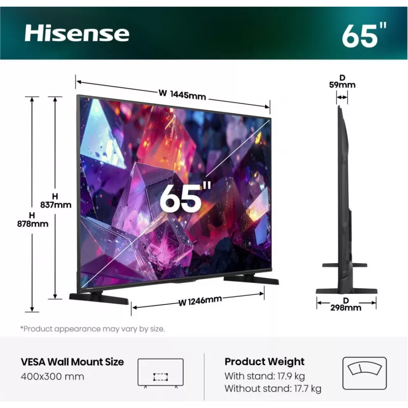 Hisense 65E7S PRO TV 165,1 cm (65 tuumaa) UHD+ Smart-TV WLAN musta 350 cd/m²