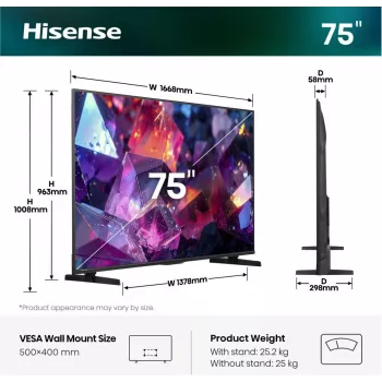 Hisense 75E7S PRO TV 189 cm (75 tuumaa) UHD+ Smart-TV Wi-Fi musta 350 cd/m²