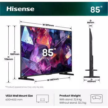 Hisense 85E7S PRO TV 2,16 m (85 tuumaa) UHD+ Smart-TV Wi-Fi musta 400 cd/m²