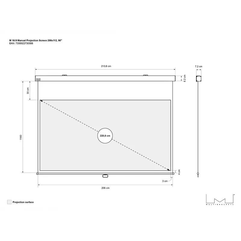 Multibrackets M 16:9 manuaalinen projektiokangas 200x112, 90 tuumaa