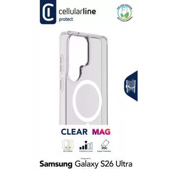 Cellularline Clear Mag - Galaxy S26 Ultra erittäin kestävä läpinäkyvä kotelo kumireunalla, yhteensopiva Qi2-ekosysteemin ja magneettisten lisävarusteiden kanssa, käsitelty kellastumista vastaan.