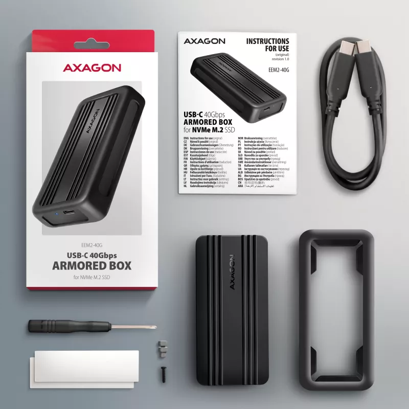Axagon EEM2-40G USB-C 40Gbps M.2 NVMe SSD-kotelo, ARMORED alumiini