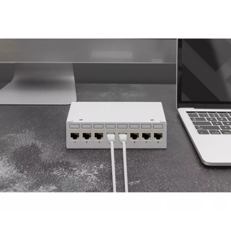 Patch-paneeli DIGITUS Desktop modulaarinen tyhjä, suojattu, 8 porttia, teräs, harmaa, seinäasennus