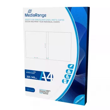 MediaRange MRINK123 Blu-ray-kotelon inlay, 265 x 149 mm, 130 g/m², mattavalkoinen, 50 arkkia