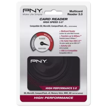 PNY High Performance Reader 3.0 -kortinlukija USB 3.2 Gen 1 — CF, SD, microSD, Memory Stick, MMC, musta
