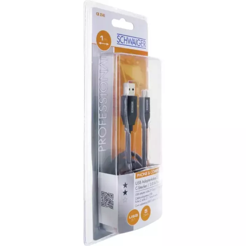 USB-kaapeli Schwaiger CK 3141 USB 3.2 Gen 1 1 m USB A USB C musta