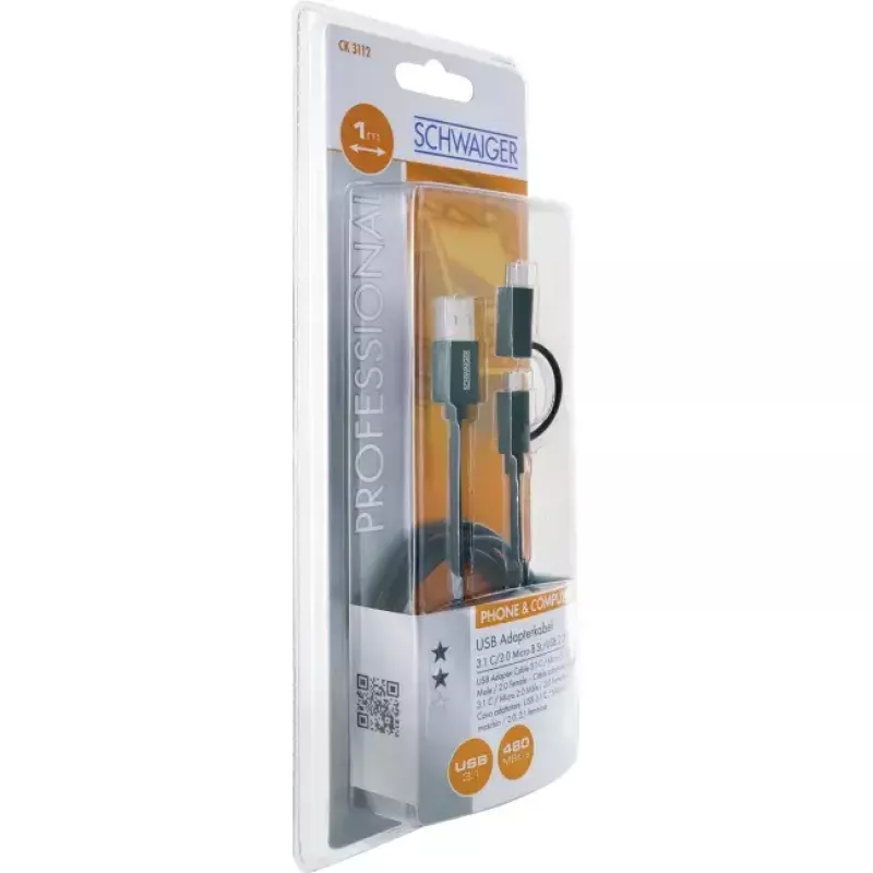 Schwaiger USB-kaapeli CK 3112 USB 2.0 1 m USB A Micro-USB B musta