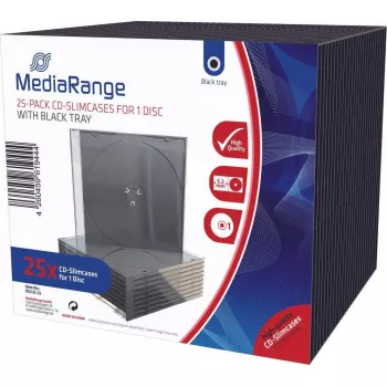 MediaRange BOX32-25 ohuet CD-kotelot — yksittäisen levyn muovikotelo mustalla alustalla, 25 kpl:n pakkaus