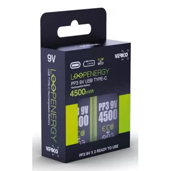 Uudelleenladattava 9V-paristopakkaus VERICO LoopEnergy PP3 4500 — Li-Ion, 2 kpl, 500 mAh, USB-C-lataus