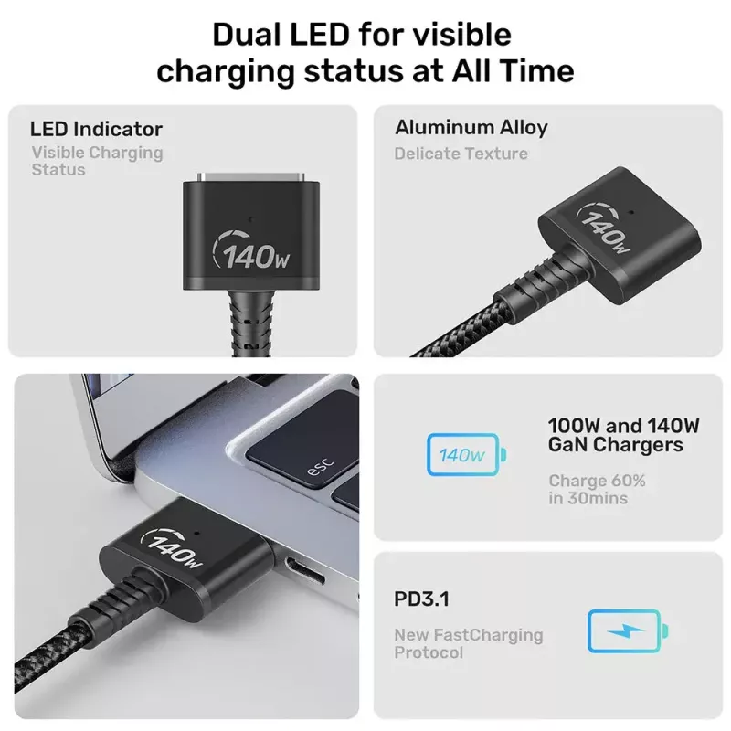 Virtakaapeli UNITEK C14121BK-1M musta MagSafe 3 USB C 1m 28V 5A