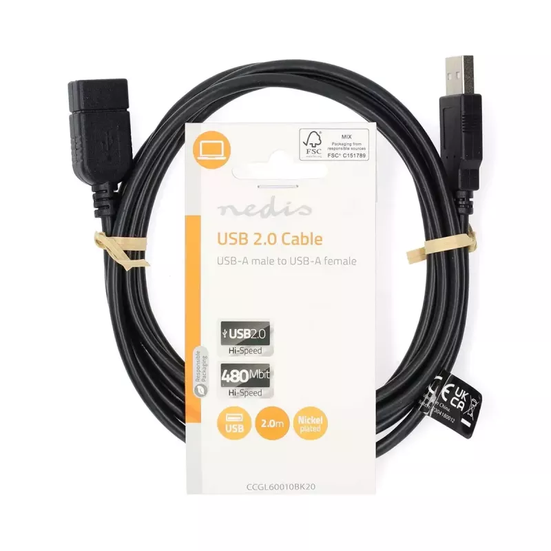 Nedis CCGL60010BK20 USB 2.0 -jatkokaapeli, A-uros - A-naaras, 2 m, musta